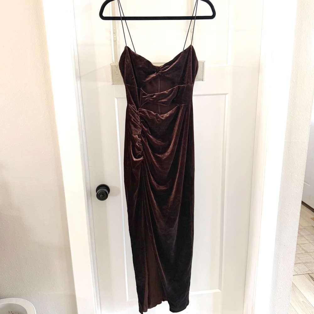 Nookie Verve Size Medium Gown Chocolate Brown Velvet Cutout Slit Maxi Dress Sexy